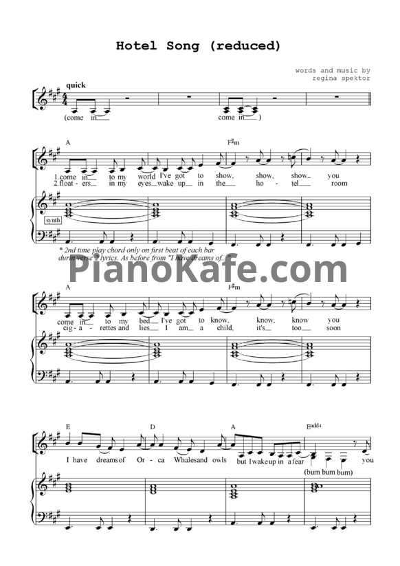 Ноты Regina Spektor - Hotel Song - PianoKafe.com