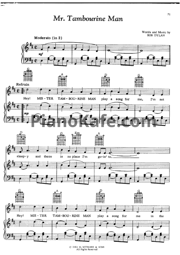Ноты Bob Dylan - Mr. Tambourine Man - PianoKafe.com
