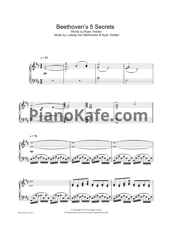Ноты Людвиг ван Бетховен, Ryan Tedder - Beethoven's 5 secrets - PianoKafe.com