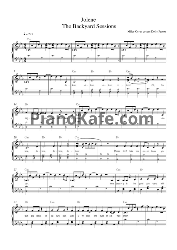 Ноты Miley Cyrus - Jolene (The Backyard Sessions) - PianoKafe.com