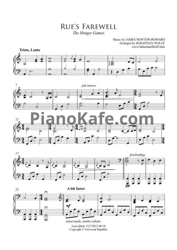 Ноты James Newton Howard - Rue's farewell - PianoKafe.com