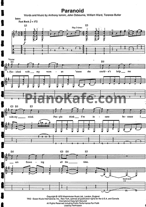 Ноты Ozzy Osbourne - Paranoid (Guitar Tabs & Voice) - PianoKafe.com