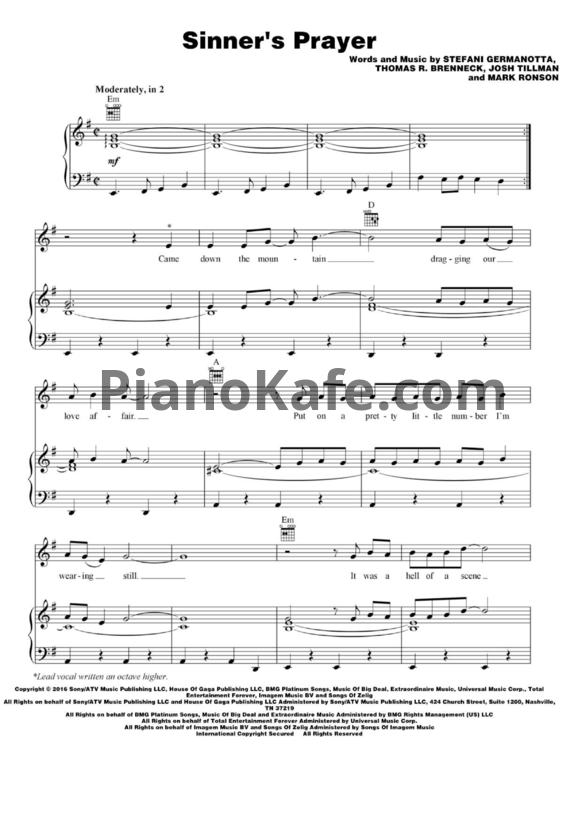 Ноты Lady Gaga - Sinner's prayer (Версия 2) - PianoKafe.com