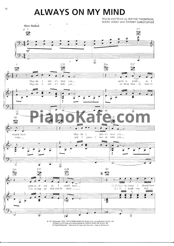Ноты Wayne Carson, Johnny Christopher, and Mark James - Always on my mind - PianoKafe.com