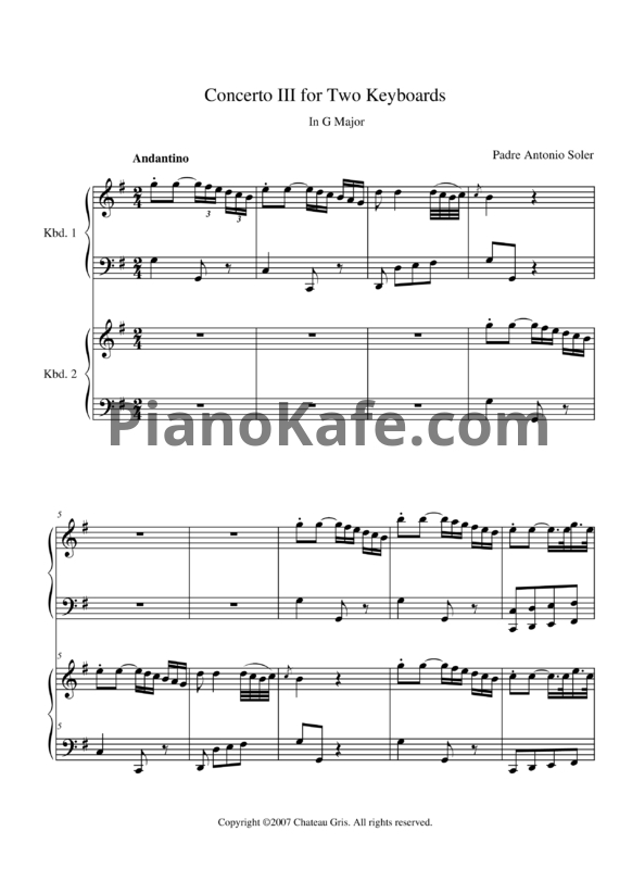 Ноты Antonio Soler - Concerto 3 in G Major (для 2 фортепиано) - PianoKafe.com