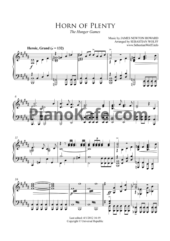 Ноты James Newton Howard - Horn of plenty - PianoKafe.com