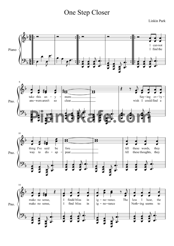 Ноты Linkin Park - One step closer - PianoKafe.com