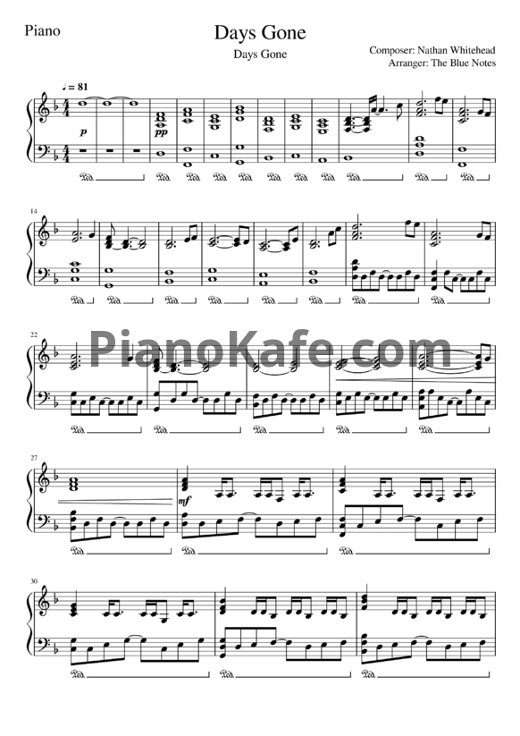 Ноты Nathan Whitehead - Days gone (Main theme) - PianoKafe.com