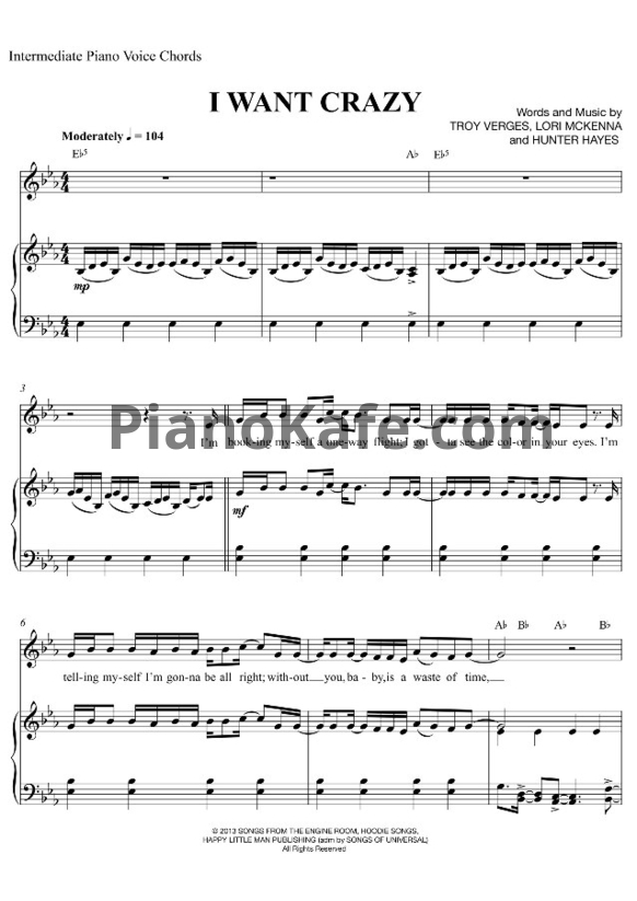 Ноты Hunter Hayes - I want crazy - PianoKafe.com