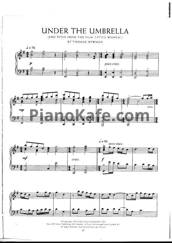 Ноты Thomas Newman - Under the umbrella (End title) - PianoKafe.com