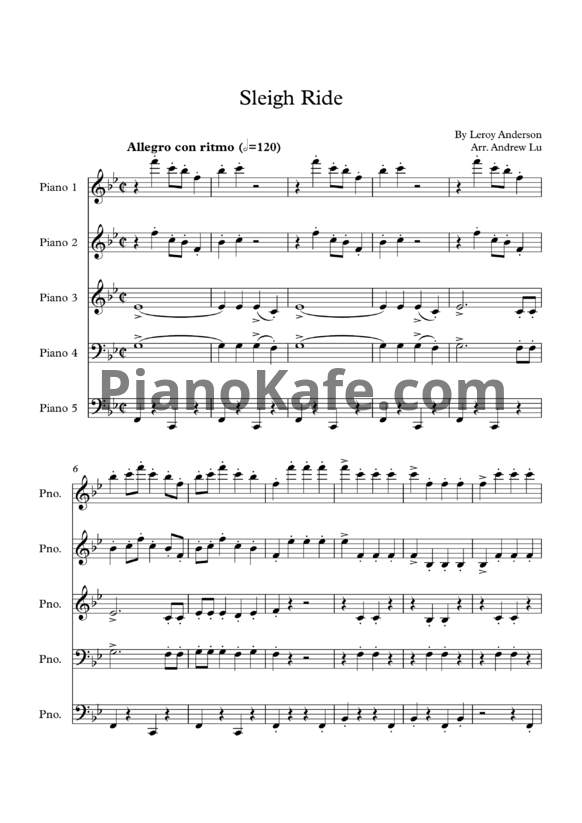 Ноты Leroy Anderson - Sleigh ride (для 5 фортепиано) - PianoKafe.com