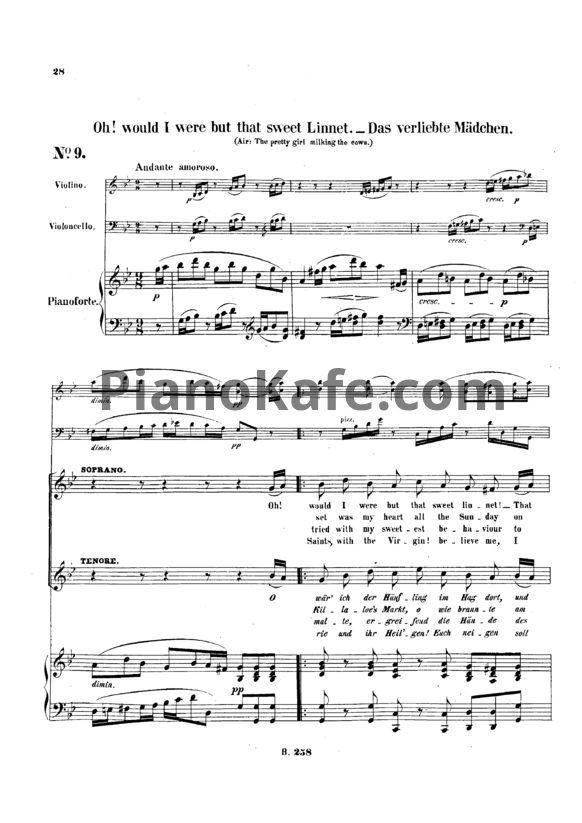 Ноты Л. В. Бетховен - "O would i were but that sweet linnet!" № 9 из сборника "12 Ирландских песен" (12 Irish songs) (WOO 154/ 9) - PianoKafe.com