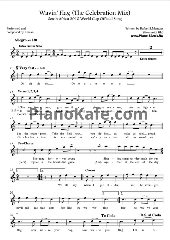 Ноты K'naan - Wavin' flag - PianoKafe.com