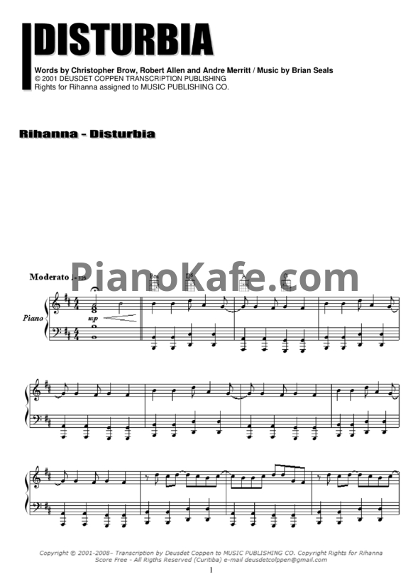 Ноты Rihanna - Disturbia - PianoKafe.com