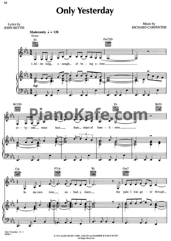 Ноты The Carpenters - Only yesterday - PianoKafe.com