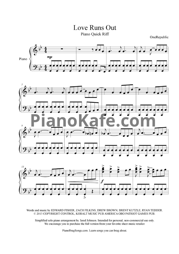 Ноты OneRepublic - Love runs out - PianoKafe.com
