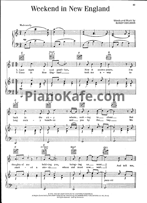 Ноты Barry Manilow - Weekend in New England - PianoKafe.com