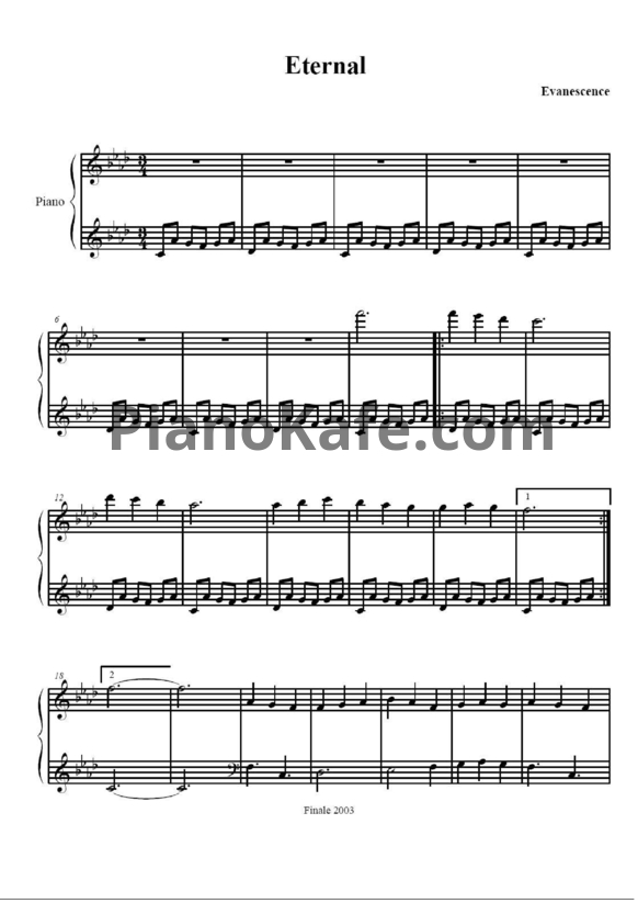 Ноты Evanescence - Eternal - PianoKafe.com