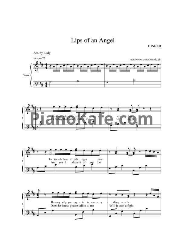 Ноты Hinder - Lips Of An Angel - PianoKafe.com