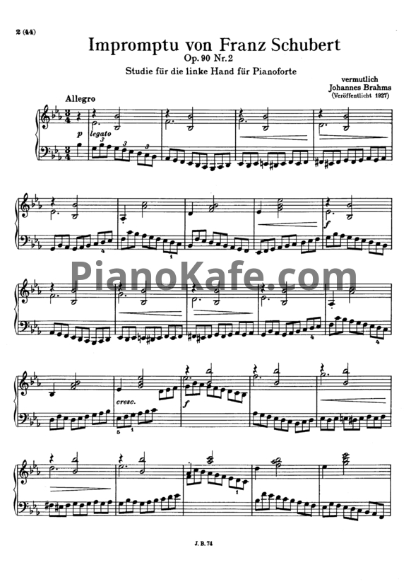 Ноты И. Брамс - Экспромт ми-бемоль мажор для левой руки (Шуберт, D.899, № 2) - PianoKafe.com