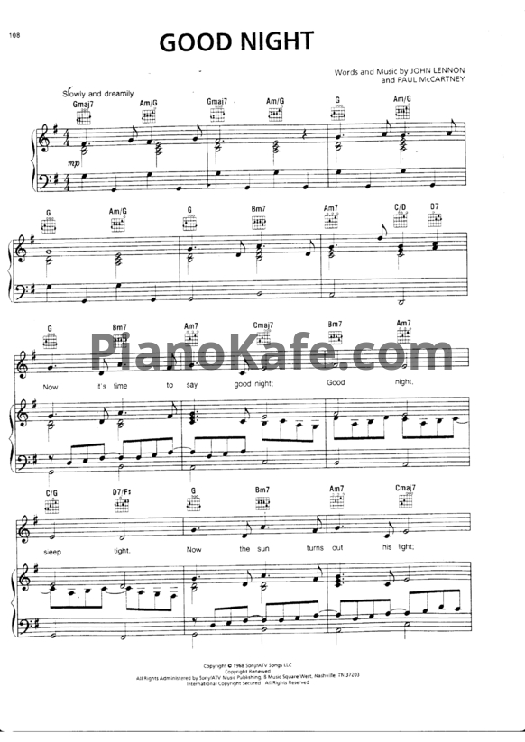 Ноты The Beatles - Good night - PianoKafe.com