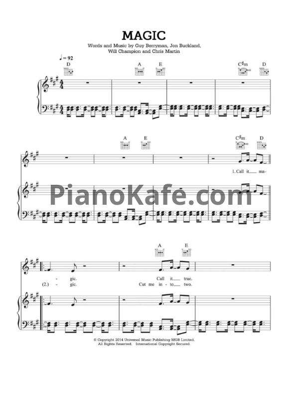 Ноты Coldplay - Magic (Версия 2) - PianoKafe.com
