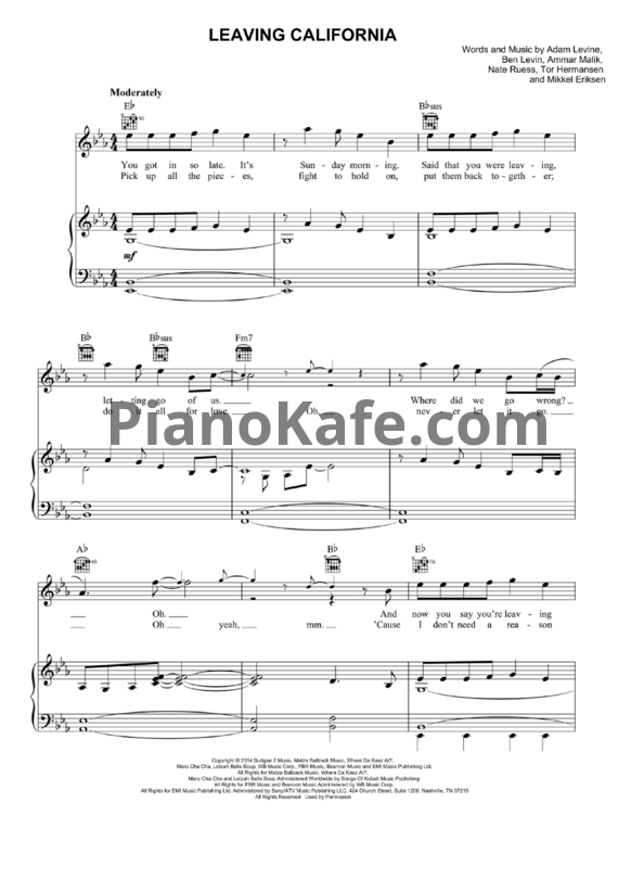 Ноты Maroon 5 - Leaving California - PianoKafe.com