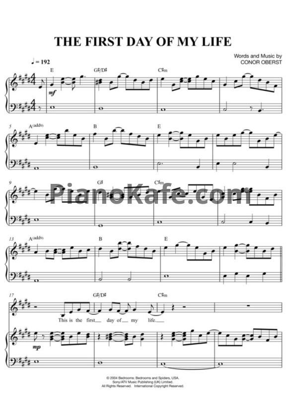 Ноты Bright Eyes - First day of my life - PianoKafe.com