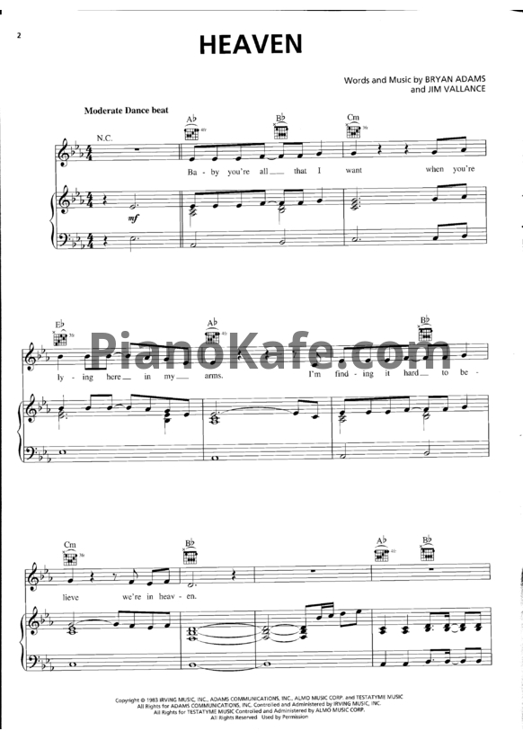 Ноты Bryan Adams - Heaven (Версия 2) - PianoKafe.com