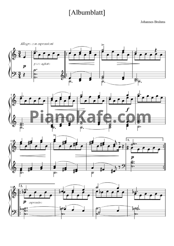Ноты И. Брамс - `Листок из альбома` ля минор - PianoKafe.com