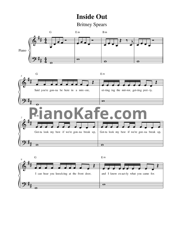Ноты Britney Spears - Inside out - PianoKafe.com