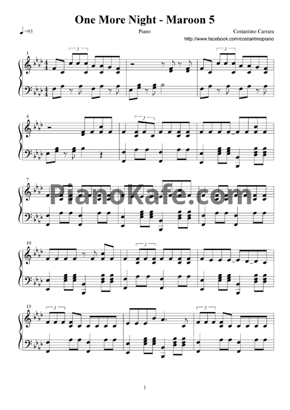 Ноты Maroon 5 - One more night (Costantino Carrara) - PianoKafe.com