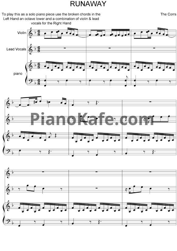 Ноты The Corrs - Runaway (Версия 2) - PianoKafe.com