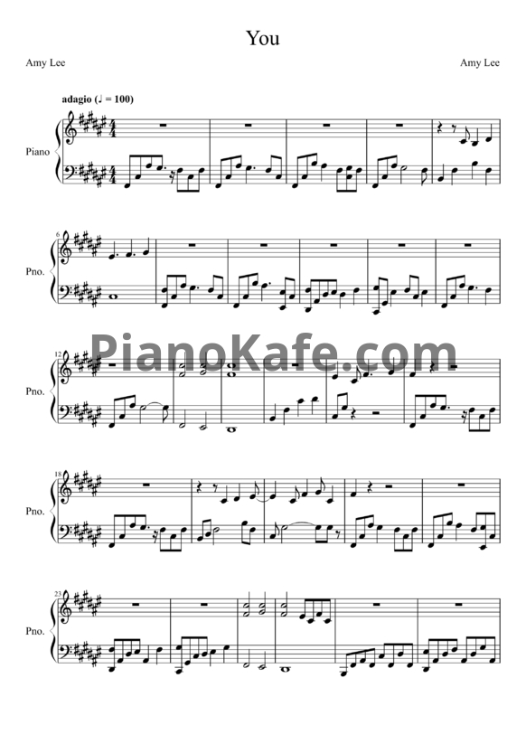 Ноты Evanescence - You - PianoKafe.com