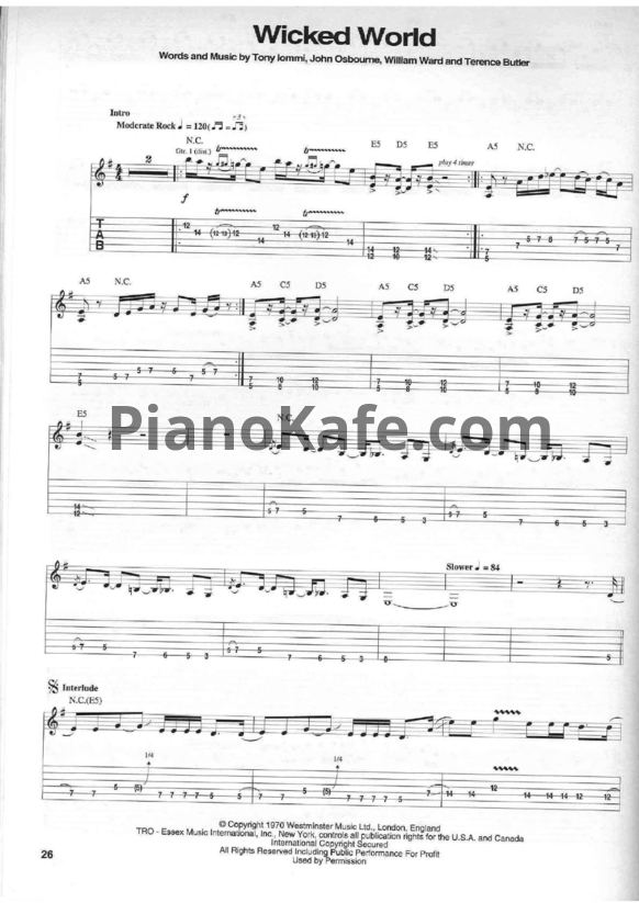 Ноты Black Sabbath - Wicked world (Guitar tabs & Voice) - PianoKafe.com