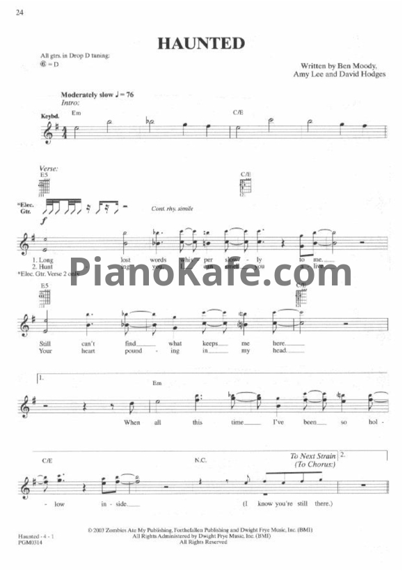 Ноты Evanescence - Haunted - PianoKafe.com