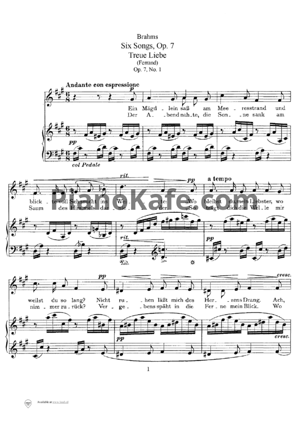Ноты И. Брамс - 6 песен (Op. 7) - PianoKafe.com